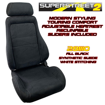 281110 SUPERSTREET2 TOURING BLACK SYNTHETIC SUEDE SEATS. WHITE STITCHING. PAIR